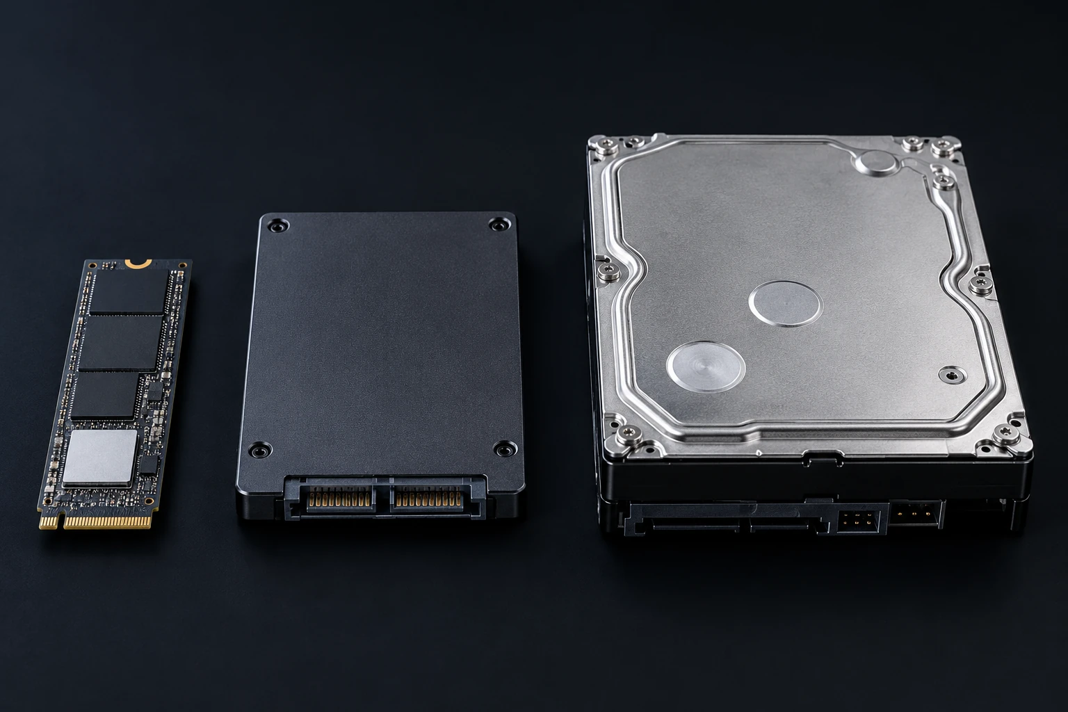 M.2 SSD, 2.5인치 SSD, 3.5인치 HDD의 외형과 크기 비교